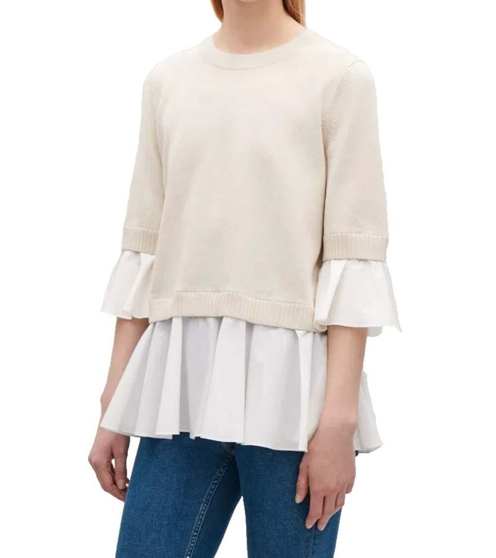 COS Women's Small Sweater Shirt Tail Jumper Layered Ruffle Crewneck Beige Cotton